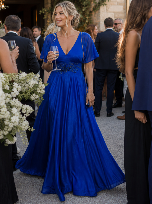 Women's V-Neck Maxi Dress with Embellished Waist for Events