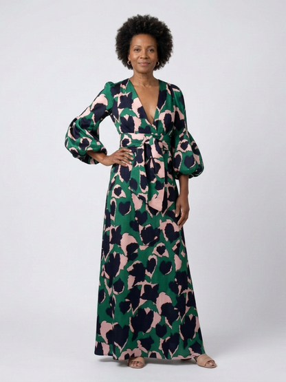 Women's V-Neck Maxi Dress with Tie Waist for Evenings