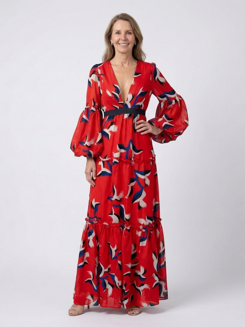 Women's V-Neck Maxi Dress with Tie Waist for Evenings