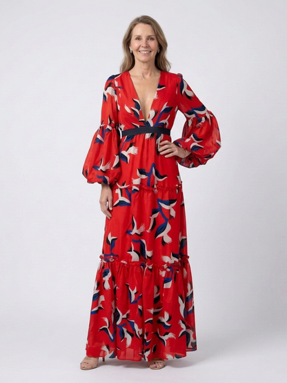 Women's V-Neck Maxi Dress with Tie Waist for Evenings