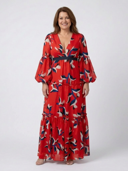 Women's V-Neck Maxi Dress with Tie Waist for Evenings