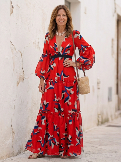 Women's V-Neck Maxi Dress with Tie Waist for Evenings