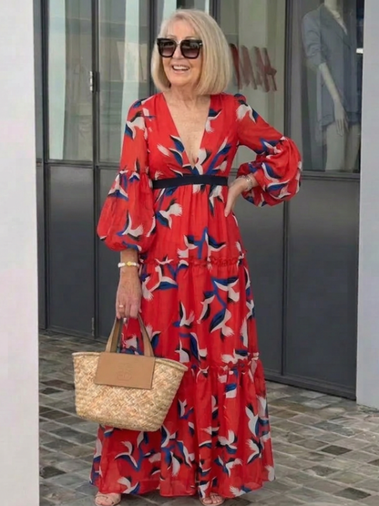 Women's V-Neck Maxi Dress with Tie Waist for Evenings