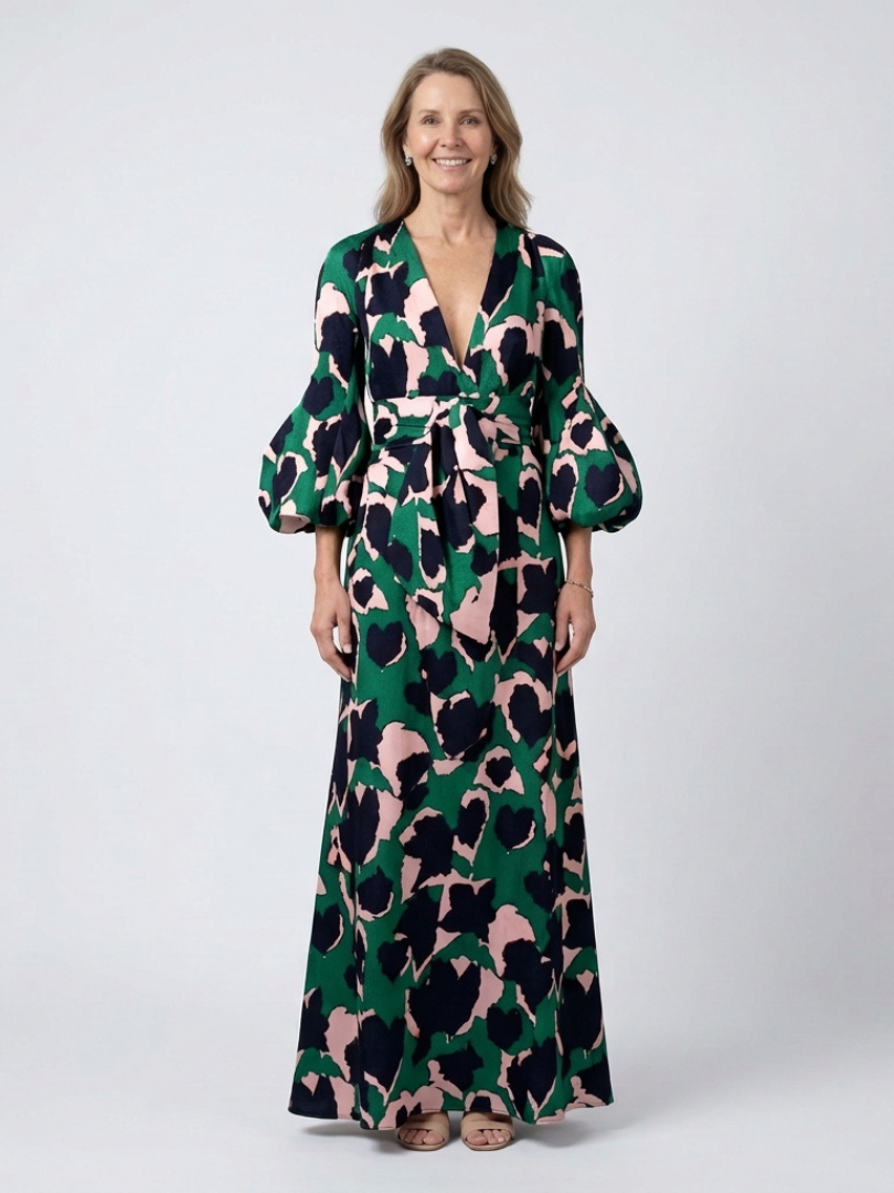 Women's V-Neck Maxi Dress with Tie Waist for Evenings