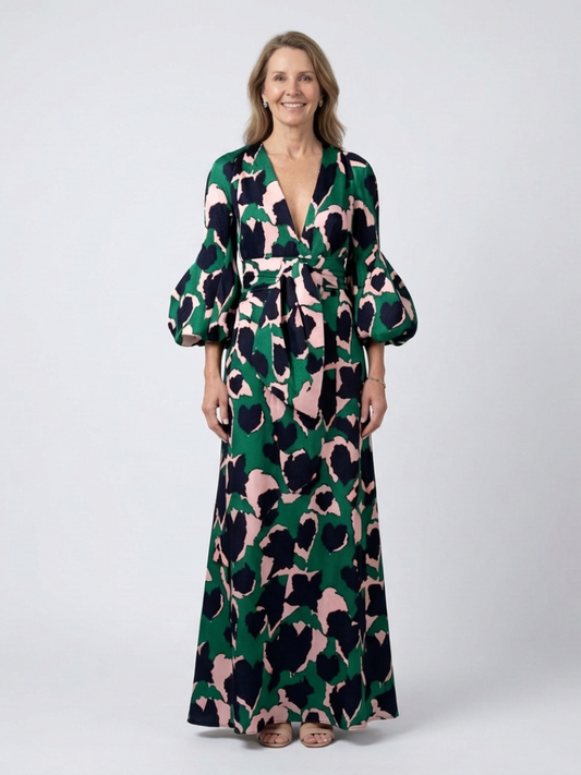Women's V-Neck Maxi Dress with Tie Waist for Evenings