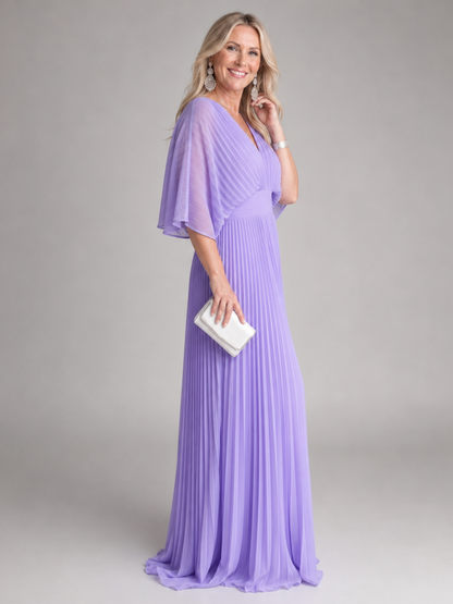 Women's V-Neck Pleated Maxi Dress with Long Sleeves - Formal