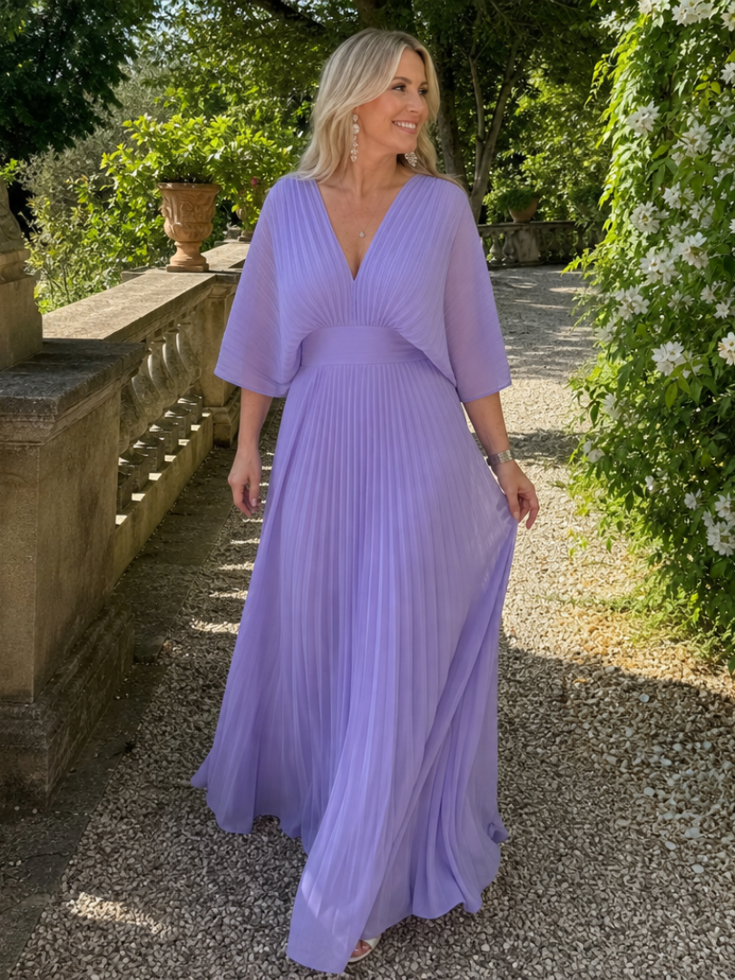 Women's V-Neck Pleated Maxi Dress with Long Sleeves - Formal