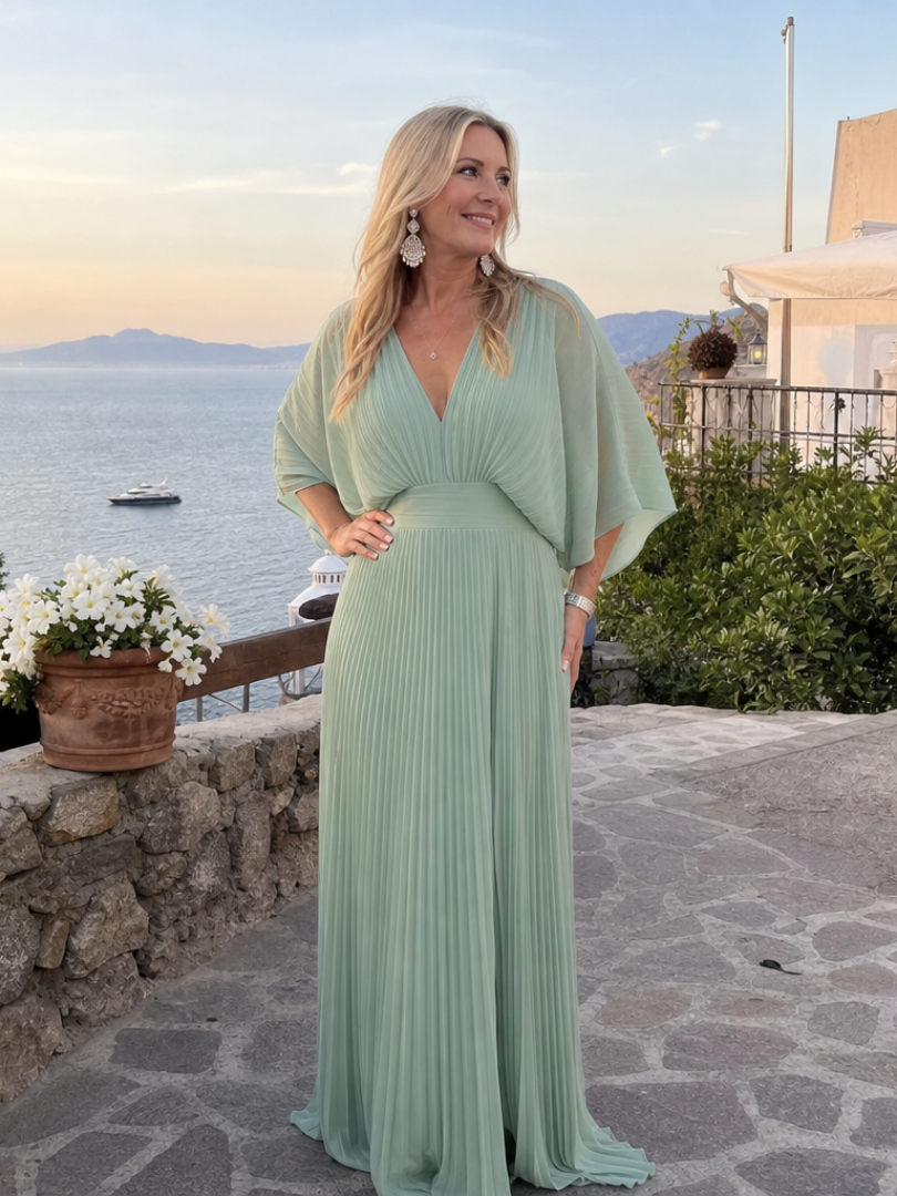 Women's V-Neck Pleated Maxi Dress with Long Sleeves - Formal