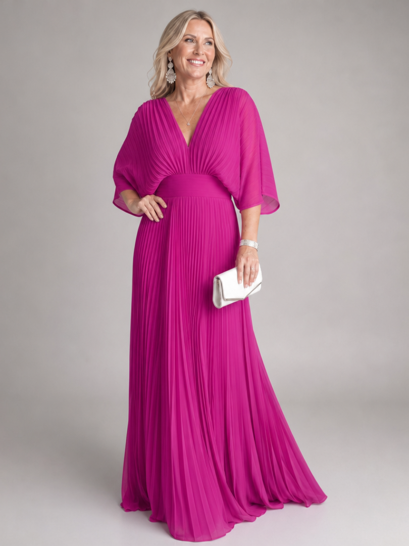 Women's V-Neck Pleated Maxi Dress with Long Sleeves - Formal