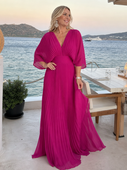 Women's V-Neck Pleated Maxi Dress with Long Sleeves - Formal