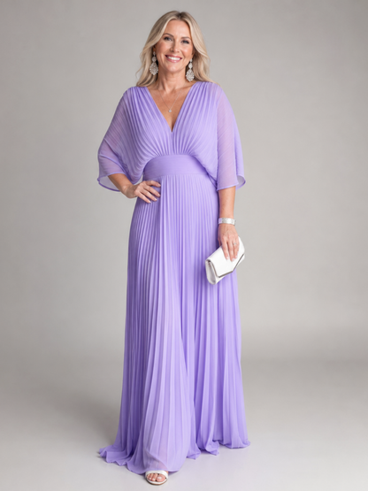 Women's V-Neck Pleated Maxi Dress with Long Sleeves - Formal