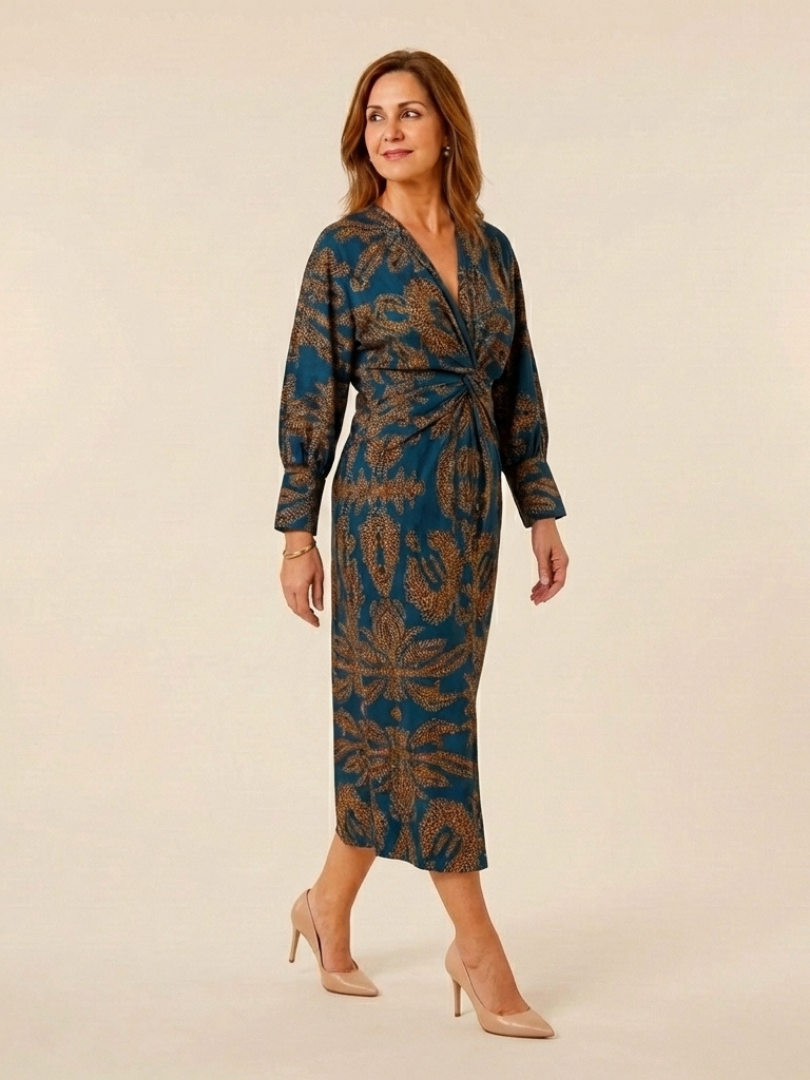 Women's V-Neck Twist Front Midi Dress with Long Sleeves