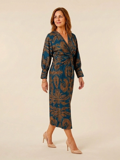 Women's V-Neck Twist Front Midi Dress with Long Sleeves