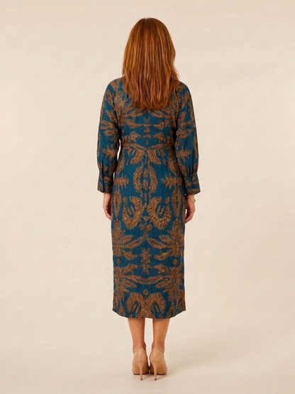 Women's V-Neck Twist Front Midi Dress with Long Sleeves