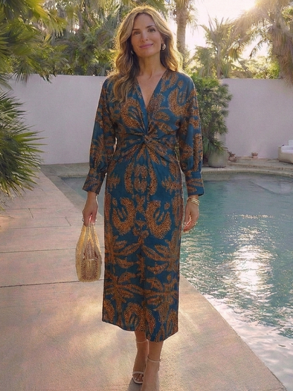 Women's V-Neck Twist Front Midi Dress with Long Sleeves