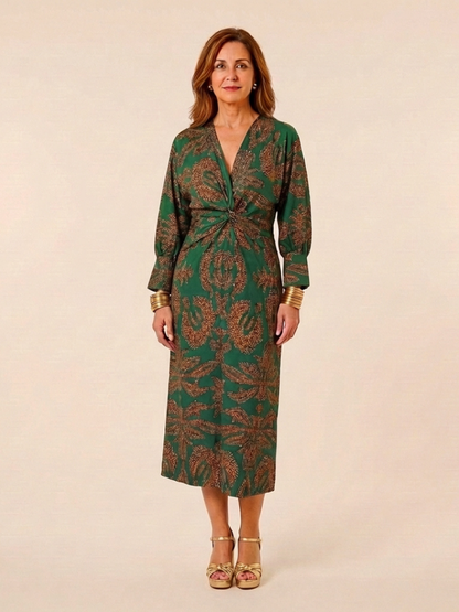 Women's V-Neck Twist Front Midi Dress with Long Sleeves