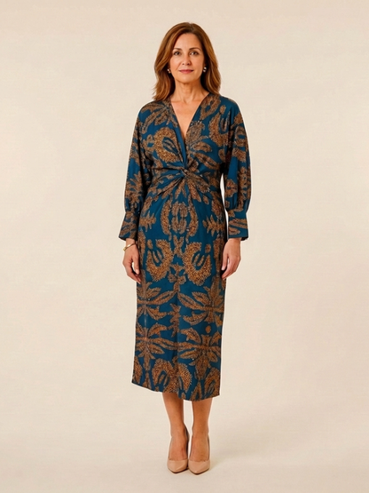 Women's V-Neck Twist Front Midi Dress with Long Sleeves