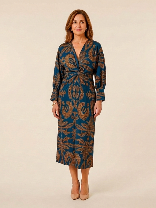 Women's V-Neck Twist Front Midi Dress with Long Sleeves