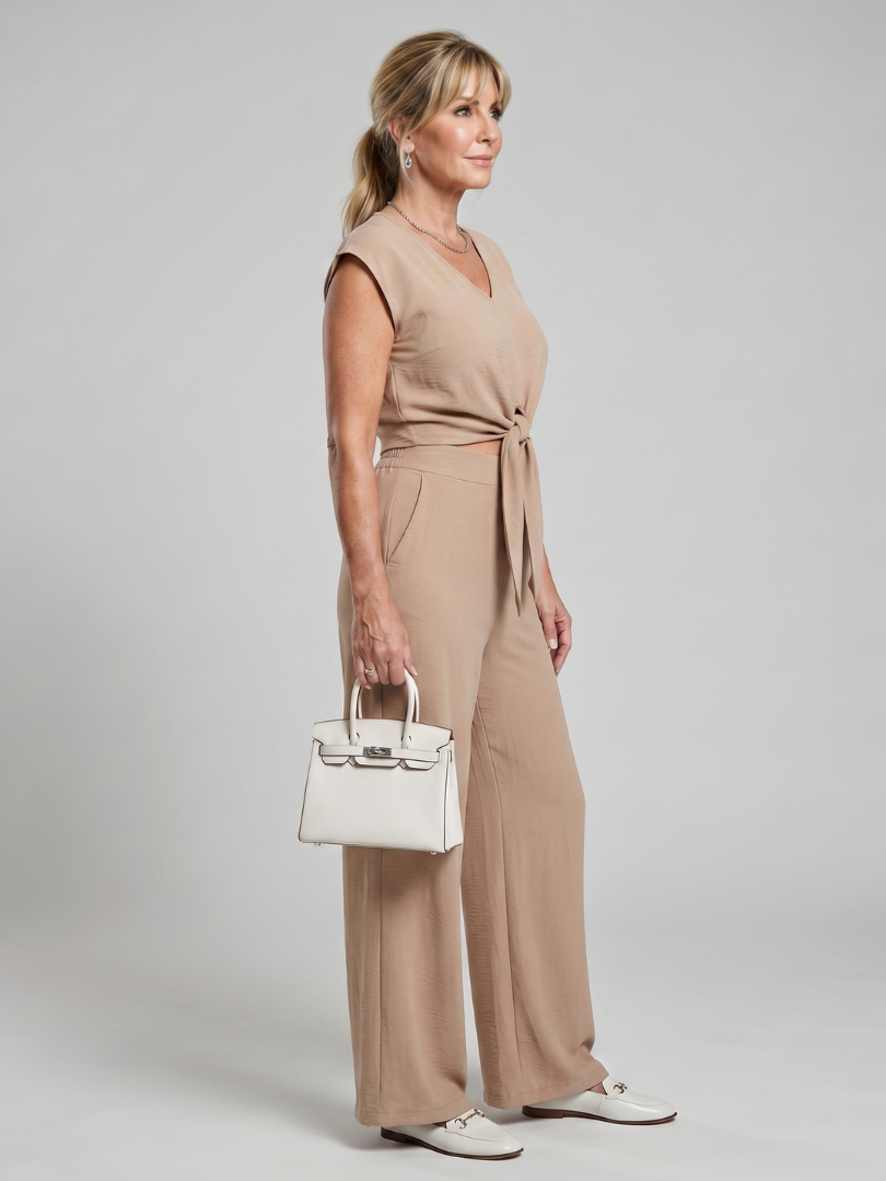 Women's V-Neck Two-Piece Set with Tie Front for Everyday