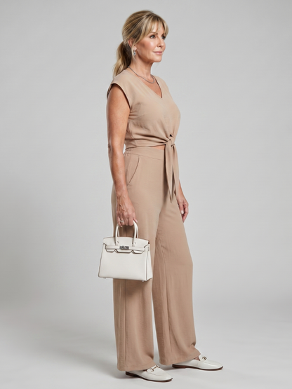Women's V-Neck Two-Piece Set with Tie Front for Everyday
