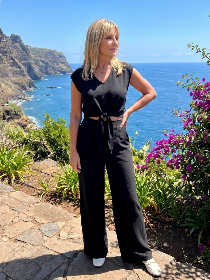 Women's V-Neck Two-Piece Set with Tie Front for Everyday