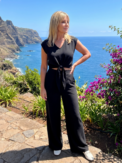 Women's V-Neck Two-Piece Set with Tie Front for Everyday