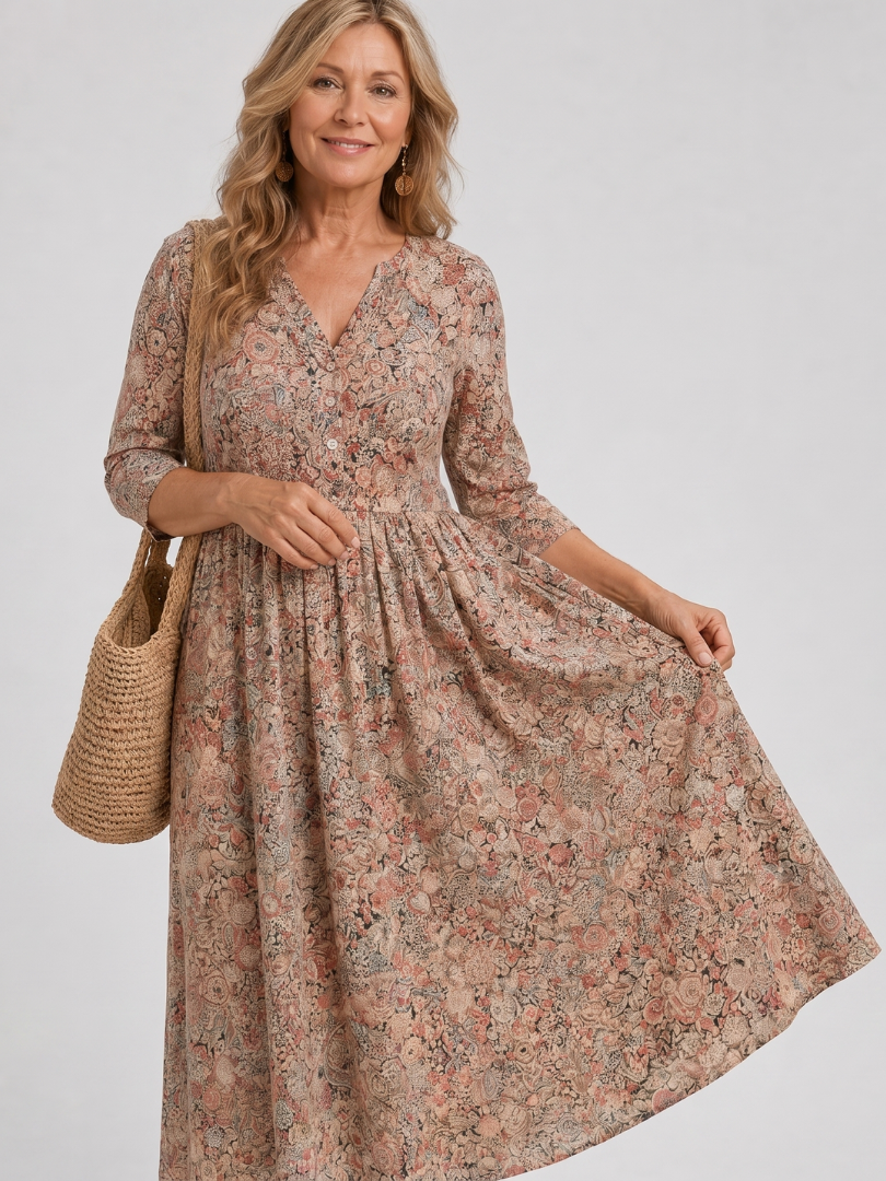 Women's Vintage Floral Midi Dress with Pockets for Everyday