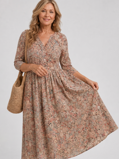 Women's Vintage Floral Midi Dress with Pockets for Everyday