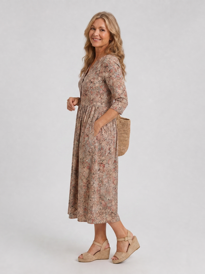 Women's Vintage Floral Midi Dress with Pockets for Everyday