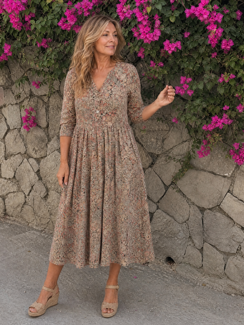 Women's Vintage Floral Midi Dress with Pockets for Everyday