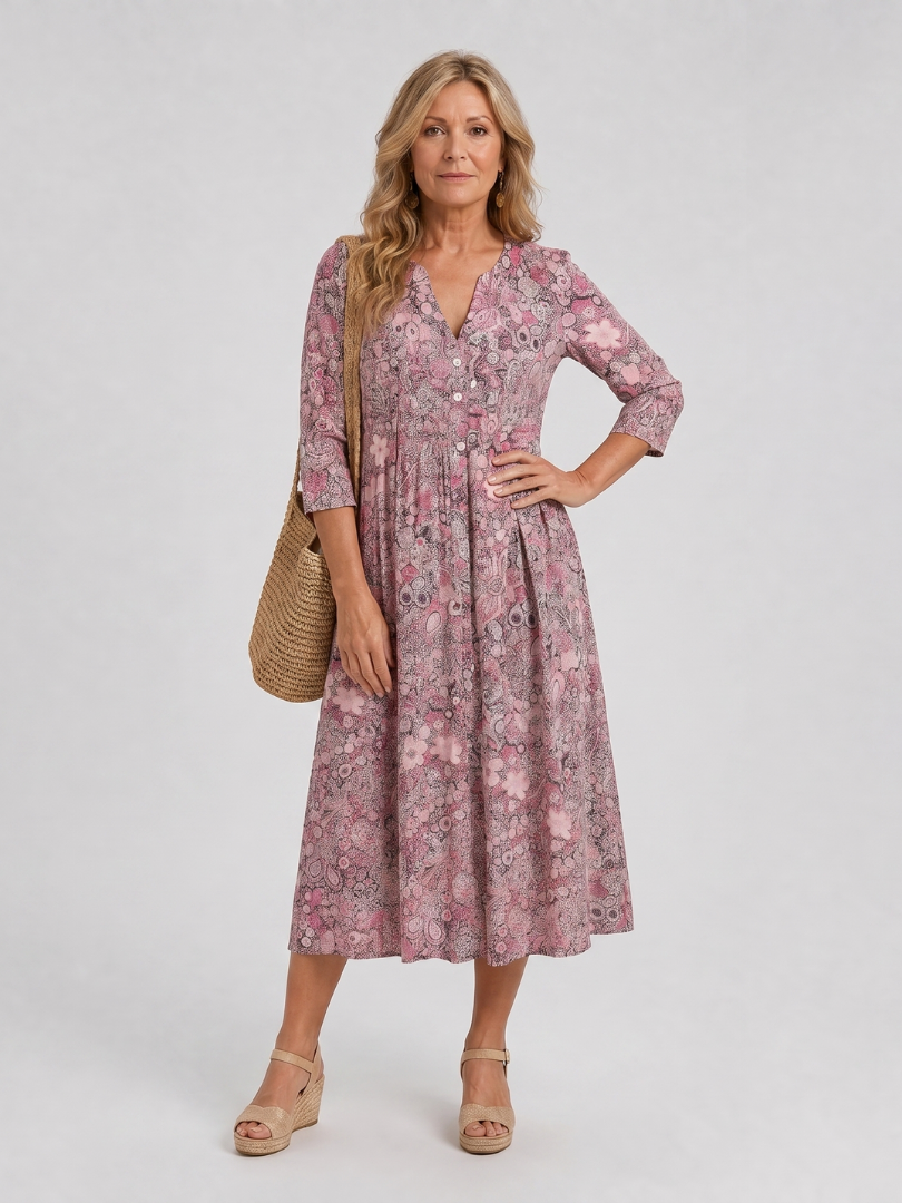 Women's Vintage Floral Midi Dress with Pockets for Everyday