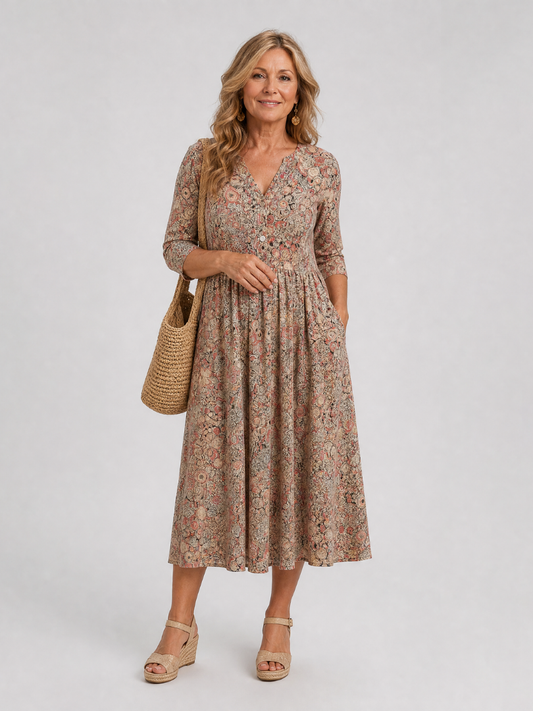 Women's Vintage Floral Midi Dress with Pockets for Everyday