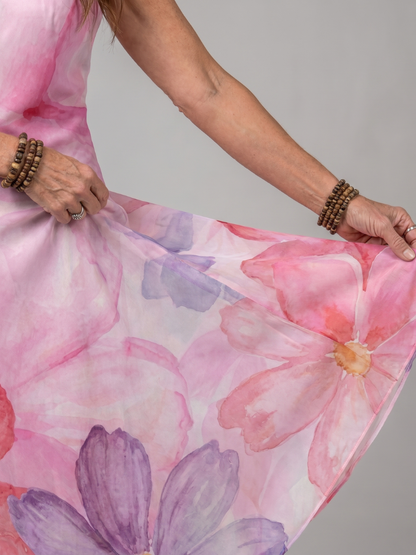 Women's Watercolor Flower Midi Dress for Daytime Outings