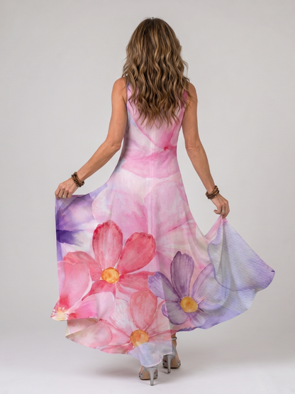 Women's Watercolor Flower Midi Dress for Daytime Outings