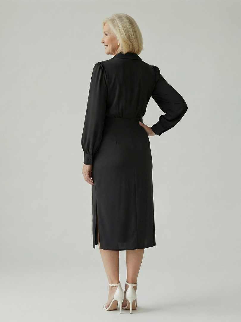 Women's Wrap Front Midi Dress with Long Sleeves - Classic