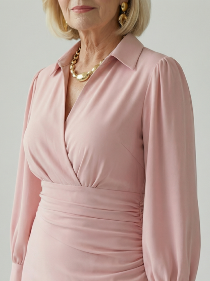 Women's Wrap Front Midi Dress with Long Sleeves - Classic