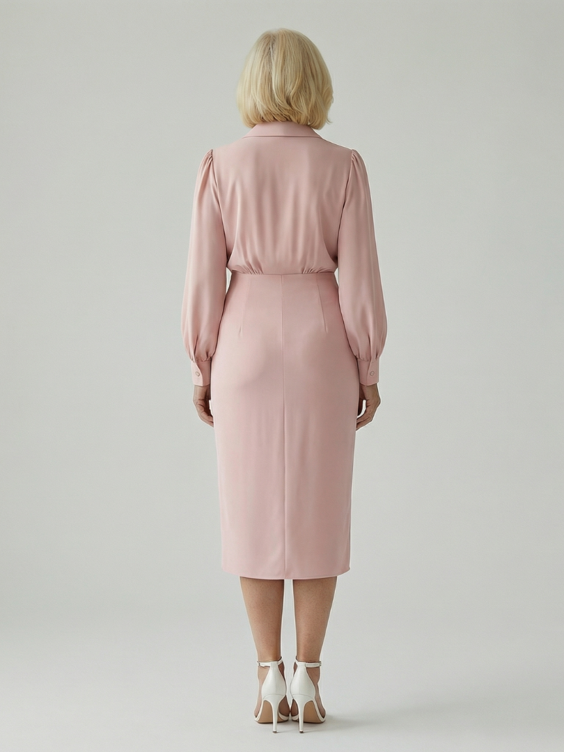 Women's Wrap Front Midi Dress with Long Sleeves - Classic