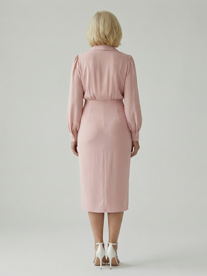 Women's Wrap Front Midi Dress with Long Sleeves - Classic