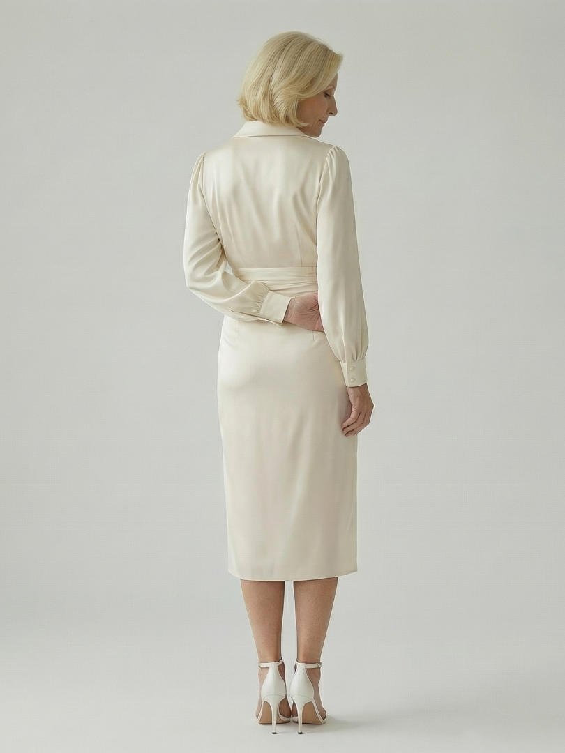 Women's Wrap Front Midi Dress with Long Sleeves - Classic