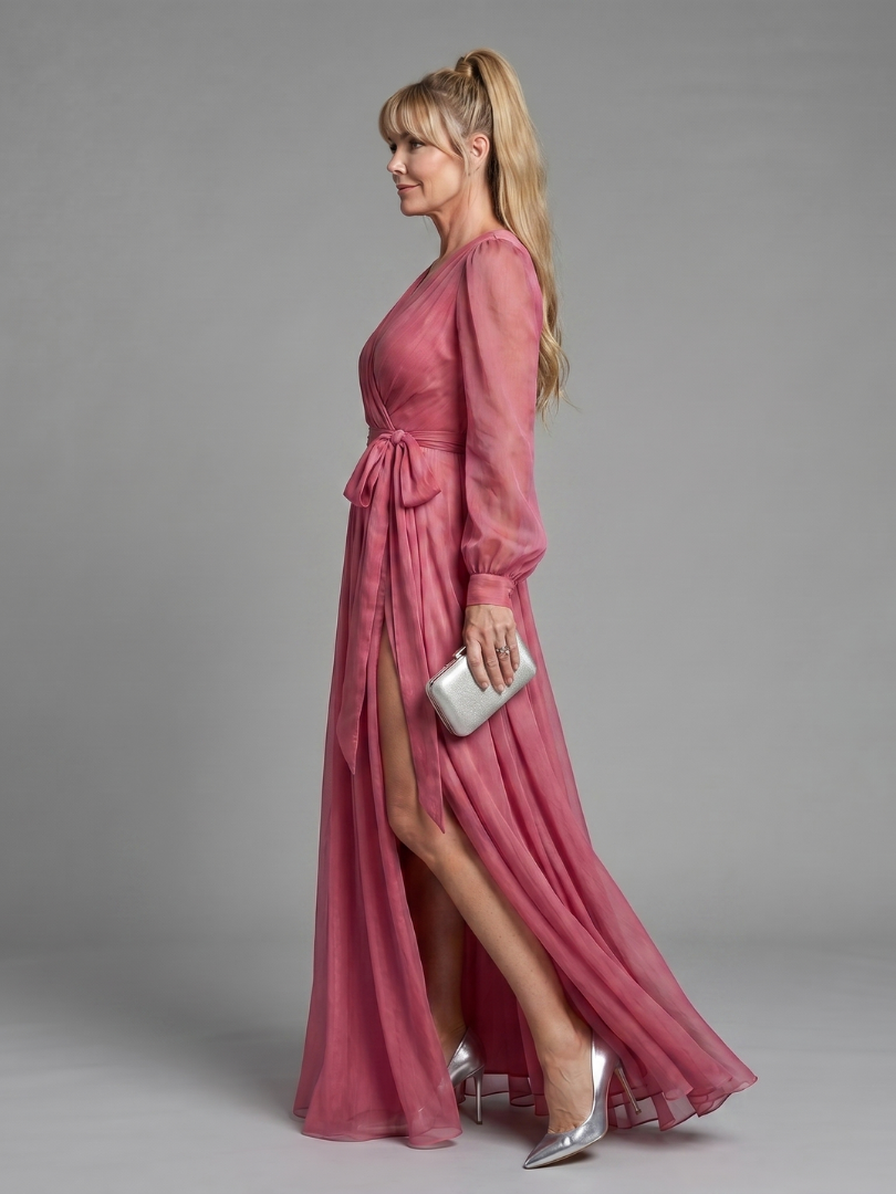 Women's Wrap Maxi Dress with Sheer Flow for Evening