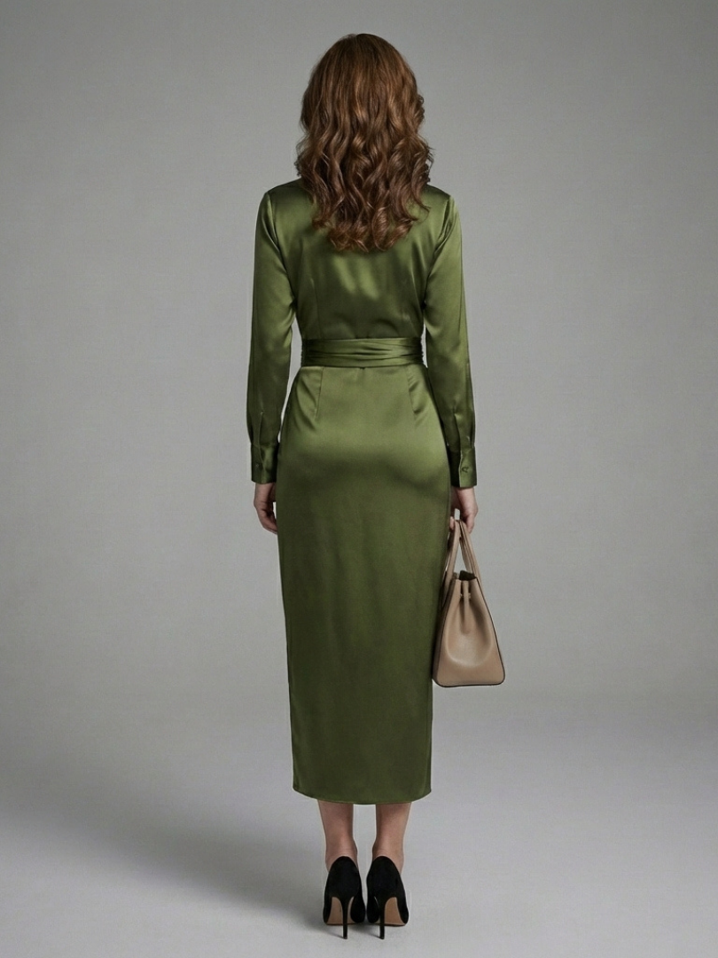 Women's Wrap Midi Dress with Collared Neckline for Work