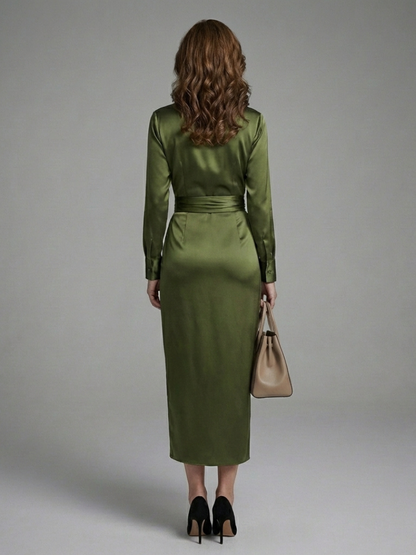 Women's Wrap Midi Dress with Collared Neckline for Work