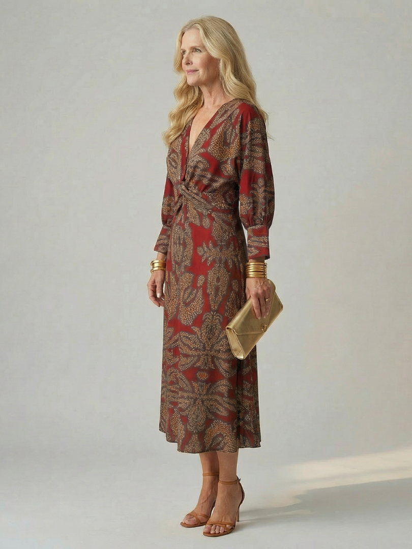 Women's Wrap Midi Dress with Diagonal Tie for Everyday Wear
