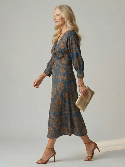 Women's Wrap Midi Dress with Diagonal Tie for Everyday Wear