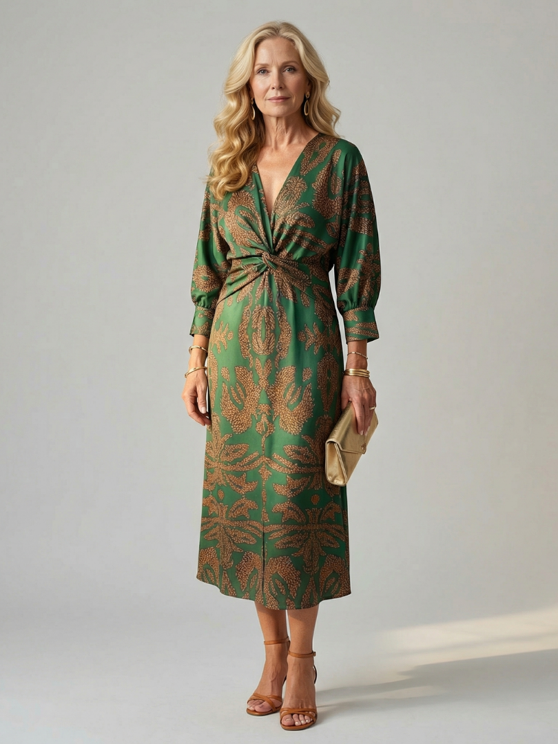 Women's Wrap Midi Dress with Diagonal Tie for Everyday Wear