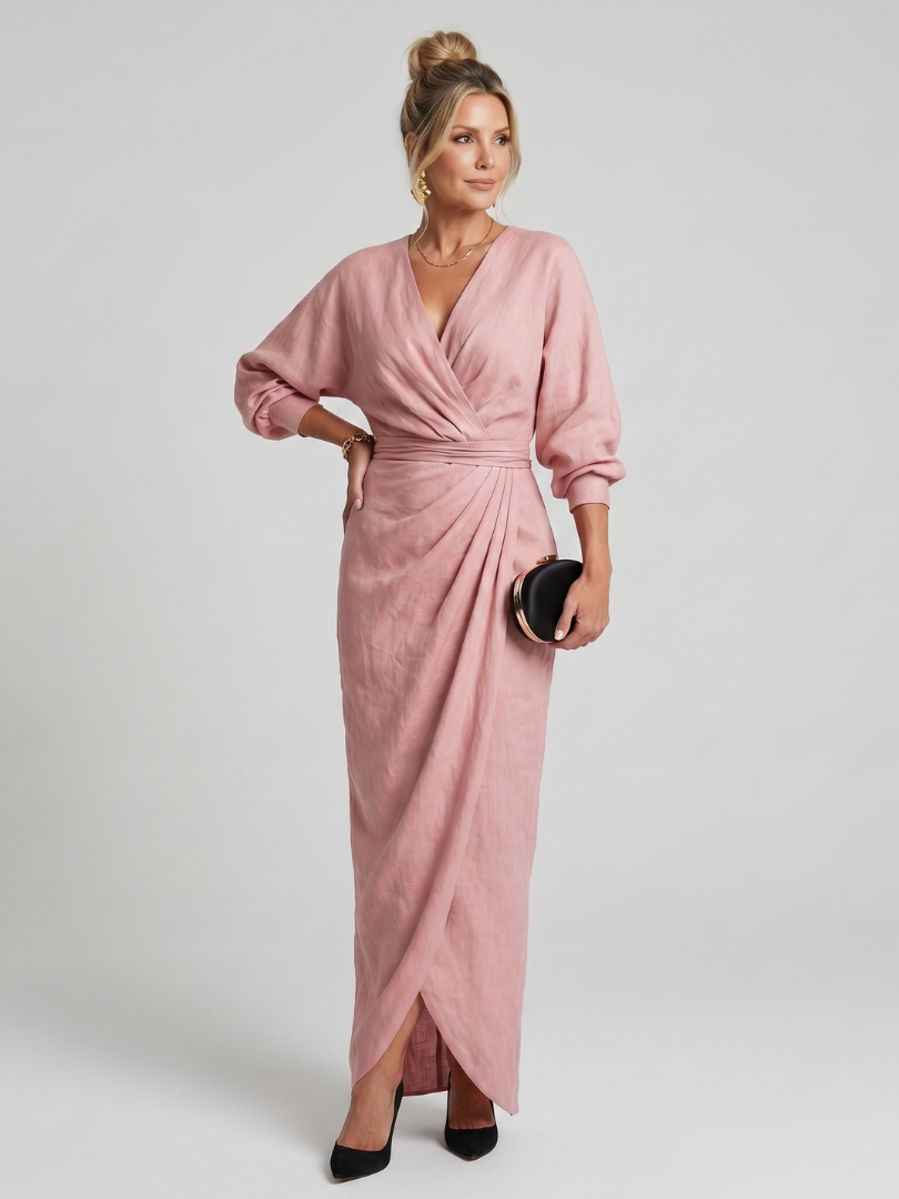 Women's Wrap Midi Dress with Draped Waist and Overlap Detailing