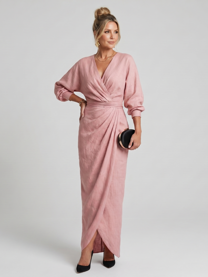 Women's Wrap Midi Dress with Draped Waist and Overlap Detailing