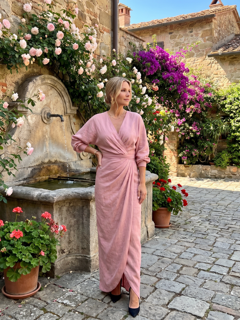 Women's Wrap Midi Dress with Draped Waist and Overlap Detailing