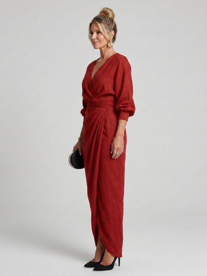 Women's Wrap Midi Dress with Draped Waist and Overlap Detailing