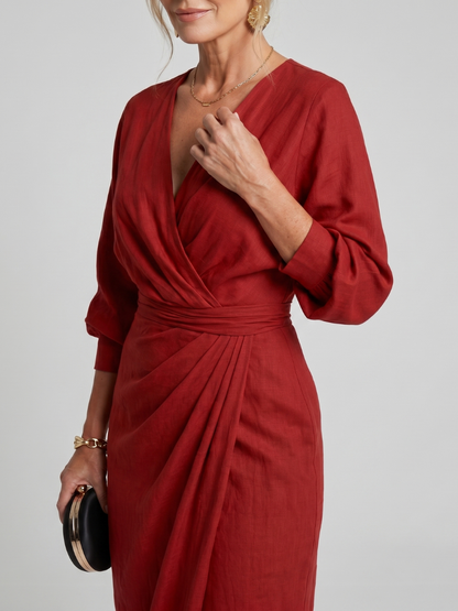 Women's Wrap Midi Dress with Draped Waist and Overlap Detailing